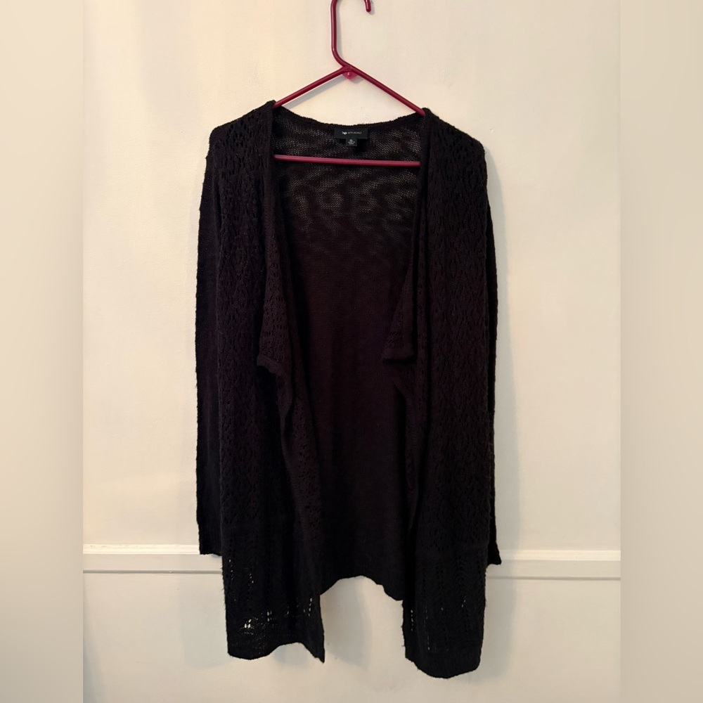 AB Studio Women’s Black Open Front Cardigan- Beautiful Loose Pattern Knit-Sz XL